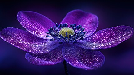   Close-up of a purple flower with water droplets on its petals and center