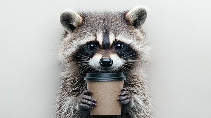 Obraz premium A raccoon with a surprised expression while holding a coffee cup in its paws