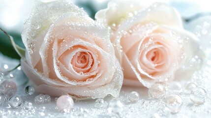 Fototapeta premium A close-up of two white roses with water droplets on the petals