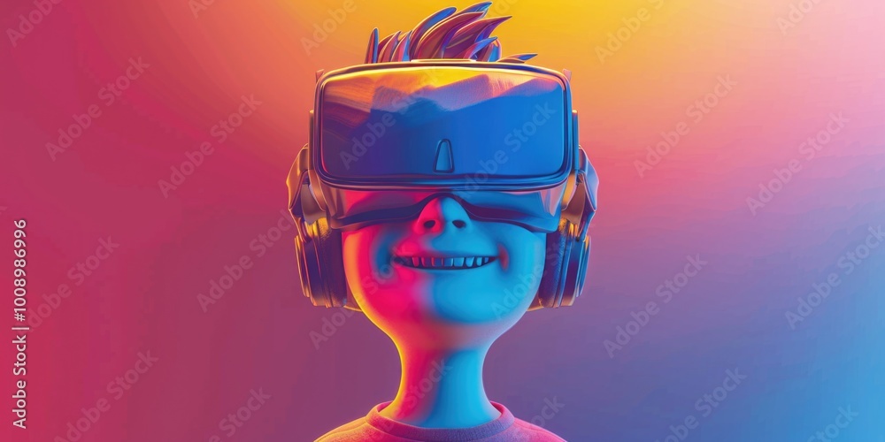 Poster a person using a virtual reality headset and headphones in a modern setting