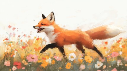 Obraz premium Playful Fox Frolicking in a Pastel Flower Field - Dynamic Motion and Whimsical Energy in Soft Focus