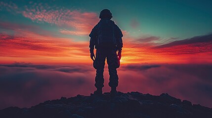 Soldier Silhouetted Against a Vibrant Sunset on Mountain Peak