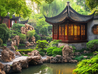 Fototapeta premium Tranquil Chinese garden with serene pond, lush greenery, and traditional pavilion.