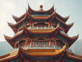 Naklejka premium traditional Chinese pagoda with intricate details and curved roofs.