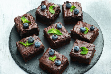 Homemade chocolate brownie photography . Top view