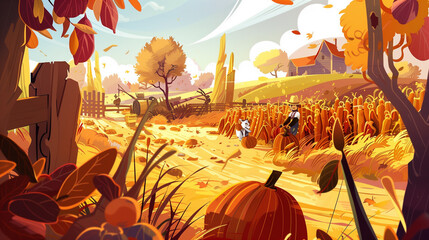 Obraz premium An autumn harvest festival scene with vibrant crops, cheerful farmers, swirling fall leaves, and an orange sunset. Speech bubbles capture the joy and excitement of the bountiful harvest.