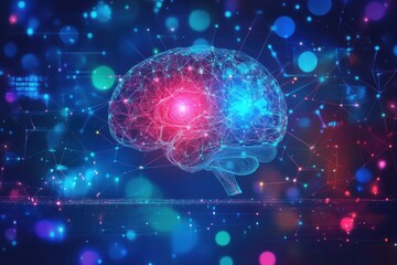 Human brain activity with plexus lines.. External cerebral connections in the frontal lobe. Communication, psychology, artificial intelligence or AI, cognition concepts illustration with copy space.