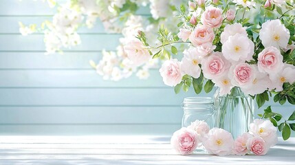   Vase filled with pink flowers atop table; adjacent white and pink flower vase