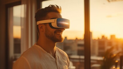 A man wearing a VR headset smiles while enjoying a sunset view from a modern interior.