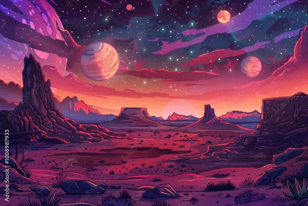 Poster A desolate desert landscape with planets visible in the night sky, ideal for use as a background or adding context to your project