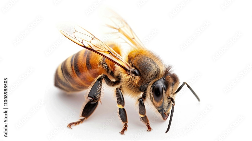 Poster a close-up shot of a single bee sitting on a white surface, possibly a table or countertop