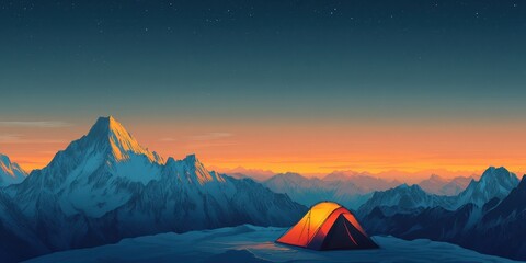 A vibrant tent set against a breathtaking mountain sunset, showcasing adventure and tranquility in nature's beauty.