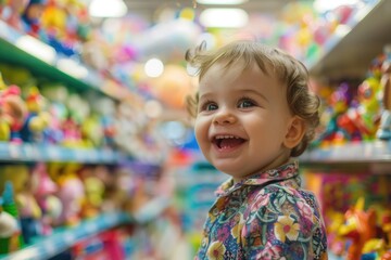 Fototapeta premium A happy child smiling in a colorful toy store