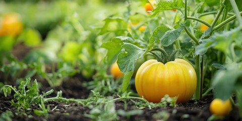 A vibrant yellow tomato growing in a lush garden, showcasing the beauty of nature and the bounty of home gardening.
