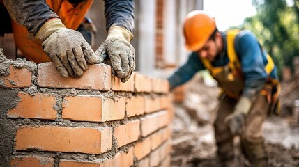 Skilled Bricklayer Working on Construction Site