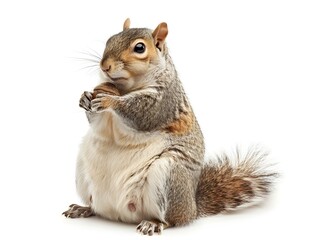 Cute Chubby Squirrel Holding Acorn on White Background