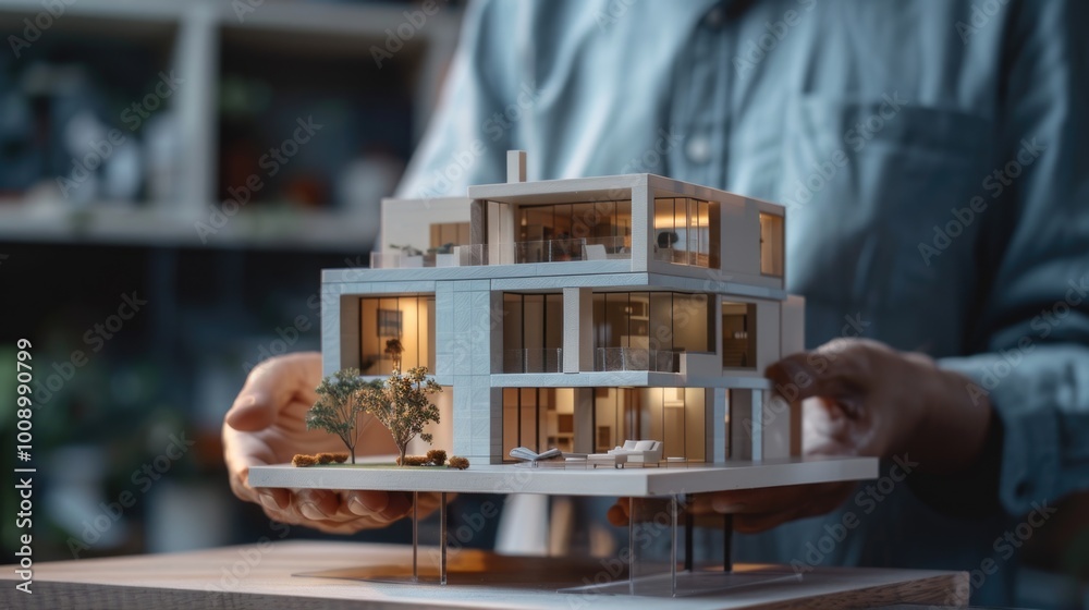 Poster a person holding a scale model of a building, ideal for architecture or design purposes