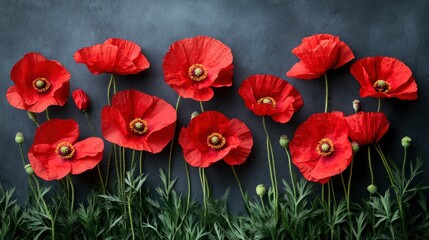 Red Poppies on Grey Background