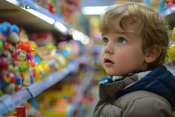 A young boy browsing toys in a store