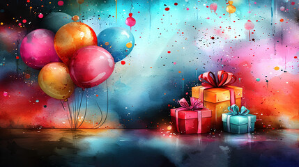  A painting featuring multiple balloons and a gift box adorned with a ribbon and another gift box with a bow
