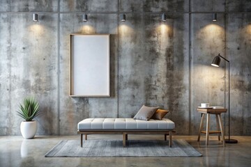 Mockup Empty Frame on Bare Concrete Wall in Modern Minimalist Room
