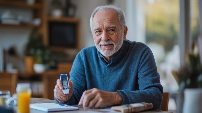 An elderly man testing his blood sugar levels with a glucometer at his dining table, with a notebook and pen nearby for recording results, showcasing meticulous diabetes care.