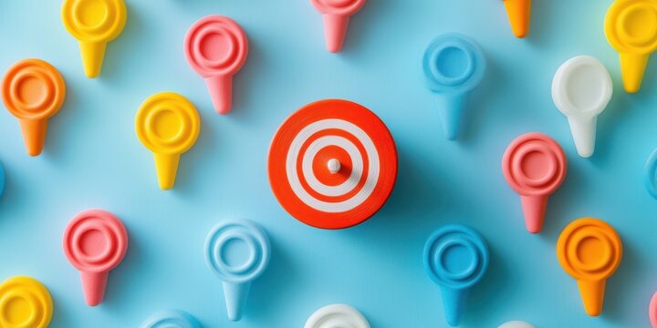 Colorful target surrounded by various markers on a blue background, symbolizing focus and goal setting in marketing and strategy.
