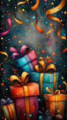 Naklejka premium A painting of several presents adorned with streamers and confetti against a dark background