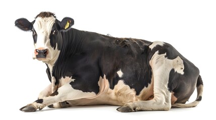 Chunky Cow Sitting Peacefully on White Background with Copyspace