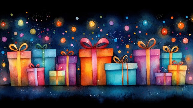   A painting of a group of wrapped presents beneath string lights against a star-filled night sky