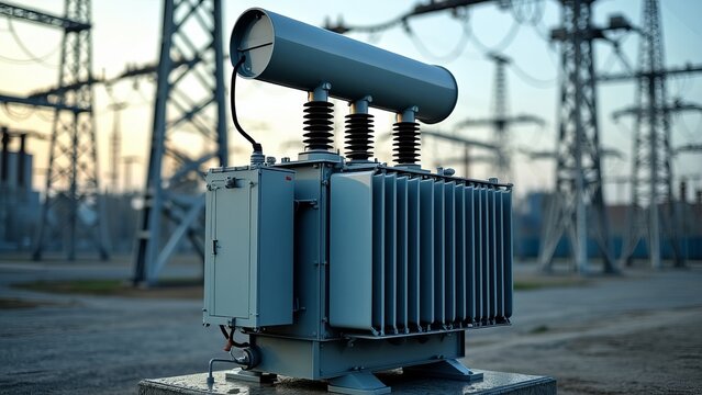A transformer at an electrical substation. Transmission of electricity.