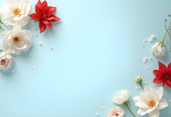 Obraz premium beautiful arrangement of white and red flowers on soft blue background, creating serene and elegant atmosphere. Perfect for spring themes and floral designs