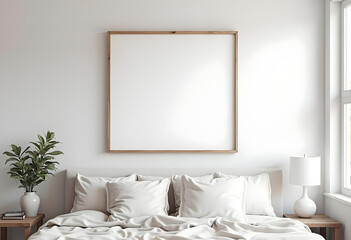 cozy bedroom featuring minimalist design with large empty frame on wall, inviting creativity. soft bedding and greenery add warmth to serene atmosphere