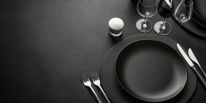 Elegant black dinnerware set on a dark table, featuring a plate, glassware, and cutlery, perfect for modern dining occasions.