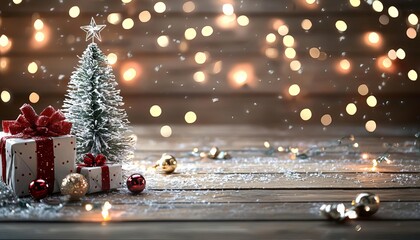 Christmas tree with decorations and gifts on wooden table, festive atmosphere.