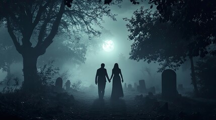Couples dressed as ghosts walking hand in hand through a foggy graveyard, with moonlight filtering through the trees.