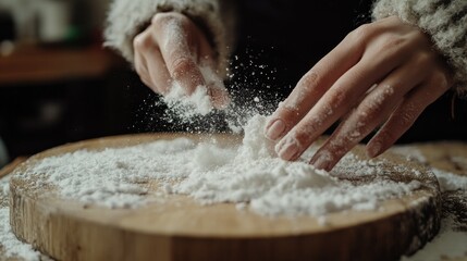 A close-up of a female hand scattering white flour over a wooden surface, resembling fresh snow covering a landscape in a cozy kitchen.