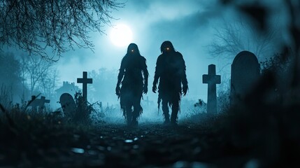 Couples dressed as zombies with glowing eyes and torn clothes, walking through a foggy graveyard under moonlight.