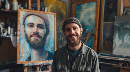 Bearded man artist stands proudly in front of his self portrait in his colorful studio. Ideal for creative projects and artistic inspiration concepts.