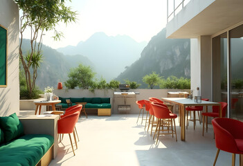 modern outdoor terrace featuring minimalist furniture, lush greenery, and stunning mountain views. space is designed for relaxation and social gatherings, embodying serene atmosphere