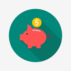 Piggy bank flat icon isolated on circle background with long shadow. For sign, symbol, web graphics, presentation or UI. Eps 10. 
