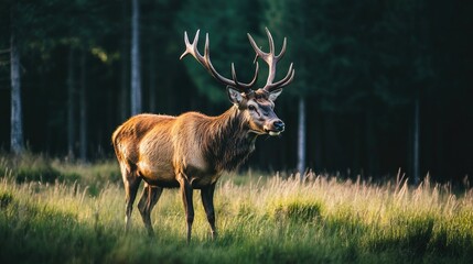 Obraz premium A close-up of a red deer buck, its large antlers casting shadows over its body as it grazes in a grassy meadow, surrounded by tall trees.