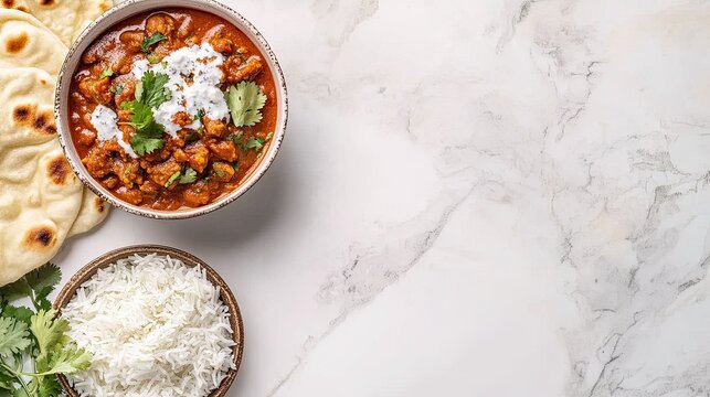 Flat lay of Indian rogan josh with rice and naan, ample copy space for text