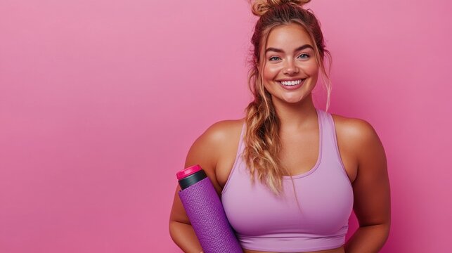 A plump woman dressed for exercise, carrying a yoga mat and a water bottle, grinning self-assuredly, symbolizes an active diabetic lifestyle.