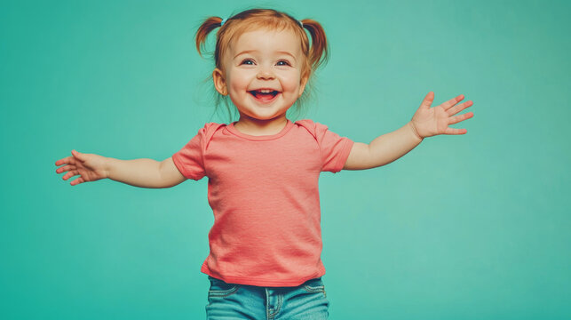 Happy toddler girl joyfully posing on a mint green background while wearing a playful smile
