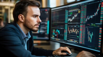 Fototapeta premium Trader analyzing market data on computer screens