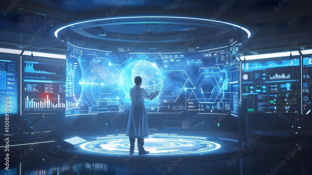 Poster futuristic scientist interacting with holographic interface in control room with swirling data visua