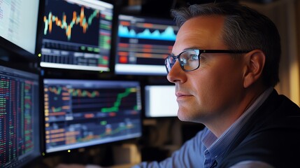 Fototapeta premium Trader analyzing multiple screens in office
