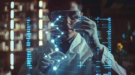 Scientist Manipulating Molecular Structures Through Futuristic Holographic Interface