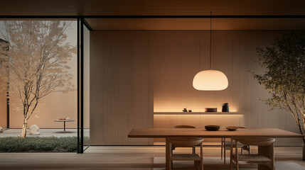 A serene dining room lit by a soft pendant lamp, warm tones creating a cozy